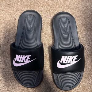 Nike Black and Pink Slide Sandals